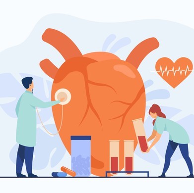 cardiologists examining heart with stethoscope blood samples lab tubes among pills heartbeat diagram vector illustration cardiology medical examination heart disease conc 1